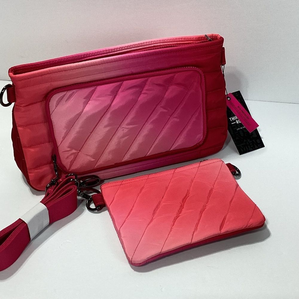 Think Royln Brand Pink Quilted Crossbody Bag Set Puffer Purse Fuchsia Ombré NWT